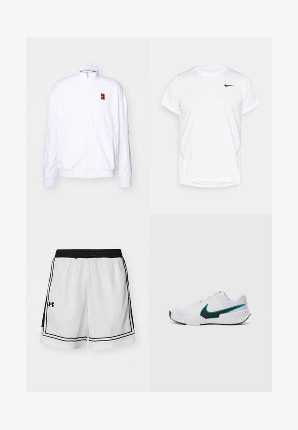 Sweatshirt branco com fecho zíper, feito de um tecido macio, com um gola alta e um pequeno logótipo multicolorido da Nike no lado esquerdo do peito.; T-shirt Nike de manga curta branca, feita de material sintético suave, com um logo preto no lado esquerdo do peito.; Calções de malha brancos com detalhes em preto, faixa elástica na cintura, cordão de ajuste e riscas laterais. Apresenta o logótipo da Under Armour na barra esquerda.; Tênis atlético branco com parte superior em malha texturizada, solado de borracha preta e detalhe em swoosh Nike teal. Apresenta cadarços e colarinho acolchoado.