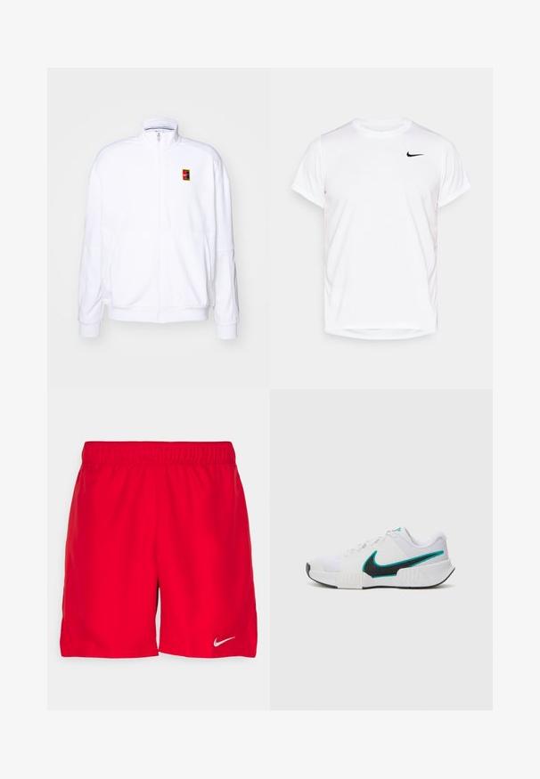 Sweatshirt branco com fecho zíper, feito de um tecido macio, com um gola alta e um pequeno logótipo multicolorido da Nike no lado esquerdo do peito.; T-shirt Nike de manga curta branca, feita de material sintético suave, com um logo preto no lado esquerdo do peito.; Calções de atletismo vermelhos com uma cintura elástica, feitos de um tecido leve. Apresenta um pequeno logótipo prateado da Nike no lado inferior esquerdo.; Tênis atlético branco com parte superior em malha texturizada, solado de borracha preta e detalhe em swoosh Nike teal. Apresenta cadarços e colarinho acolchoado.