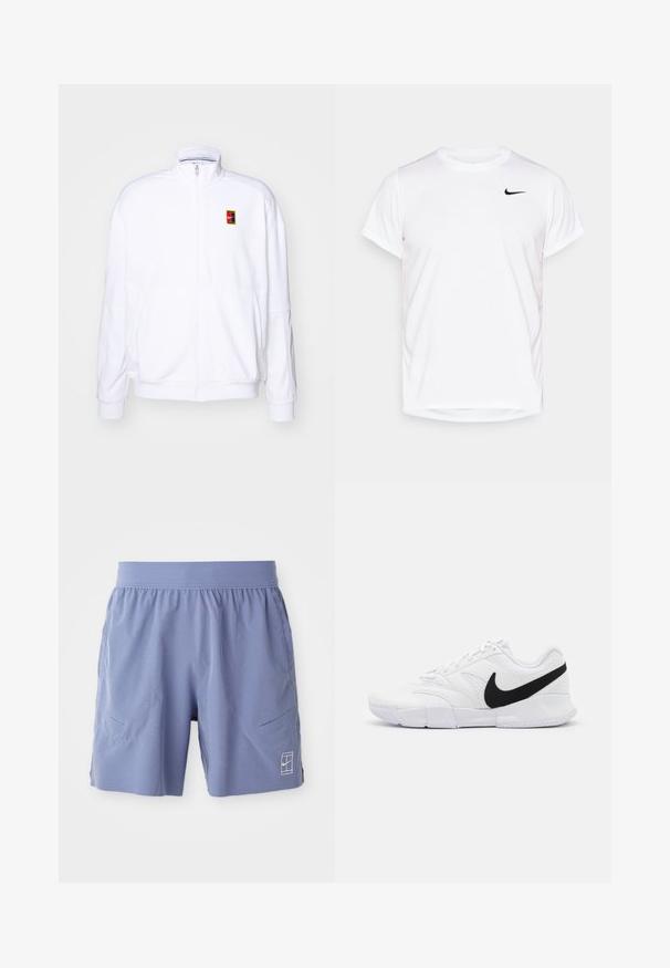 Sweatshirt branco com fecho zíper, feito de um tecido macio, com um gola alta e um pequeno logótipo multicolorido da Nike no lado esquerdo do peito.; T-shirt Nike de manga curta branca, feita de material sintético suave, com um logo preto no lado esquerdo do peito.; Calções de desporto azul claro com um cós elástico, dois bolsos laterais e um pequeno logótipo branco na parte inferior frontal direita. Textura suave.; Sapatilhas brancas com um upper texturizado, logo Nike em preto, colarinho almofadado e uma sola de borracha sólida com um padrão de textura.