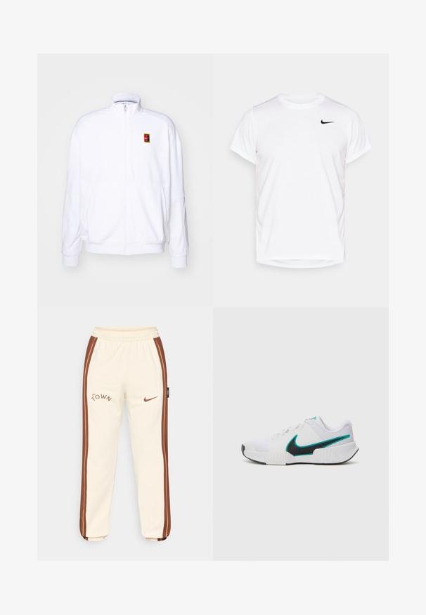 Sweatshirt branco com fecho zíper, feito de um tecido macio, com um gola alta e um pequeno logótipo multicolorido da Nike no lado esquerdo do peito.; T-shirt Nike de manga curta branca, feita de material sintético suave, com um logo preto no lado esquerdo do peito.; Calças de moletom creme com riscas laterais castanhas, apresentando o logótipo "The Town" e o swoosh da Nike. Cintura elástica e punhos canelados. Material suave e liso.; Tênis atlético branco com parte superior em malha texturizada, solado de borracha preta e detalhe em swoosh Nike teal. Apresenta cadarços e colarinho acolchoado.