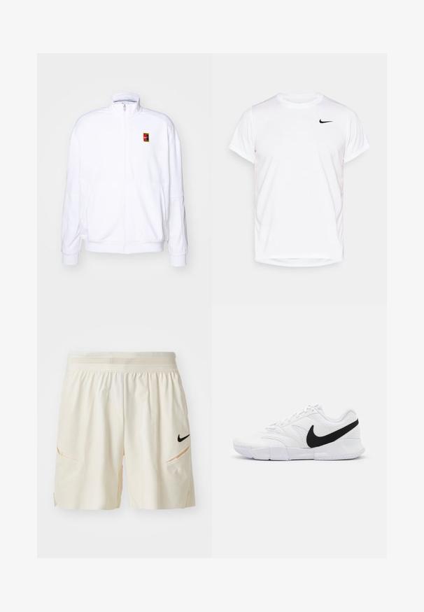 Baltas zip-up džemperis, pagamintas iš minkštos medžiagos, su aukštu kaklu ir mažuoju daugiaspalviu Nike logo kairiajame krūtinės šone.; Balta trumpa rankovė Nike marškinėliai, pagaminti iš lygaus sintetinio audinio, su juodu logotipu kairėje krūtinės pusėje.; Šviesių grietinėlės spalvos šortai, pagaminti iš minkštos medžiagos, su tinklo juosmeniu, dviem šoninėmis kišenėmis ir mažuoju juodu Nike logo ant kairio šlaunies.; Baltos sportinės bateliai su tekstūruotu viršumi, juodu Nike logotipu, paminkštintu apvadu ir tvirtu guminio pado su raštuotu protektoriumi.