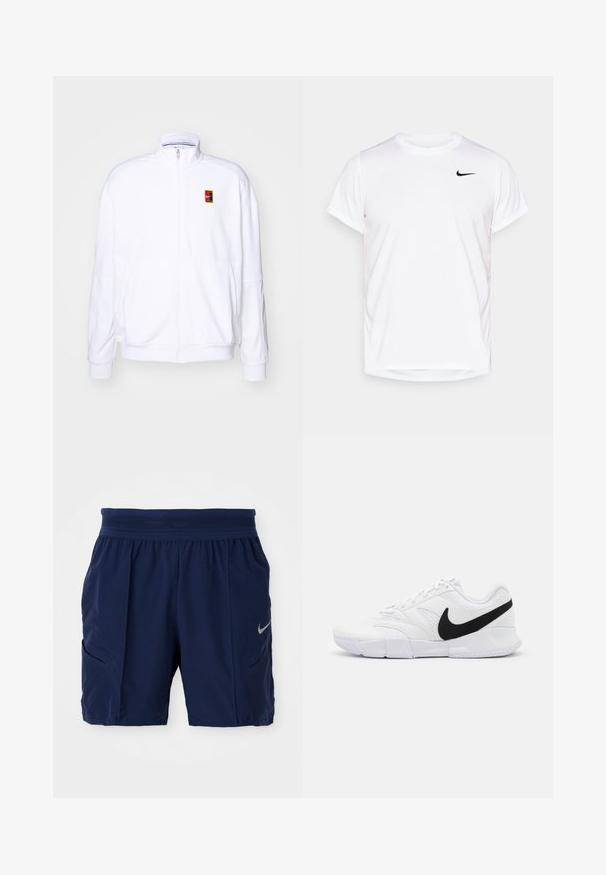 Valge tõmmatav kapuutsiga sviiter, mis on valmistatud pehmest kangast. Sellel on kõrge kaelus ja väike mitmevärviline Nike logo vasakul rinnal.; Valge lühikeste varrukatega Nike t-särk, mis on valmistatud siledast sünteetilisest materjalist, vasakul rinna poolel musta logoga.; Tumed sinine sportlikud lühikesed püksid, mis on valmistatud kergest kangast, painduva vöökoha, kahe küljepocketi ja väikese hõbedase Nike logoga.; Valged sportlikud kingad, millel on tekstuuriga ülemine osa, must Nike'i logo, pehme krae ja kindel kummist välistald, millel on mustritega profiil.