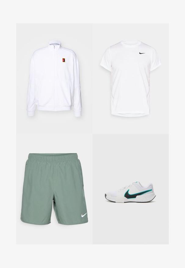 Biela zipová mikina vyrobená z mäkkého materiálu, s vysokým golierom a malým viacfarebným logom Nike na ľavej hrudi.; Biela krátkoprstá Nike tričko vyrobené z hladkého syntetického materiálu, s čiernym logom na ľavej strane hrudníka.; Zelené športové šortky s elastickým pásom, ľahkým materiálom a bielym logom Nike na dolnej ľavej strane.; Biele športové tenisky s textúrovaným sieťovaným zvrškom, čiernou gumovou podrážkou a akcentom teal loga Nike. Obsahujú šnúrky a vypolstrovaný golier.