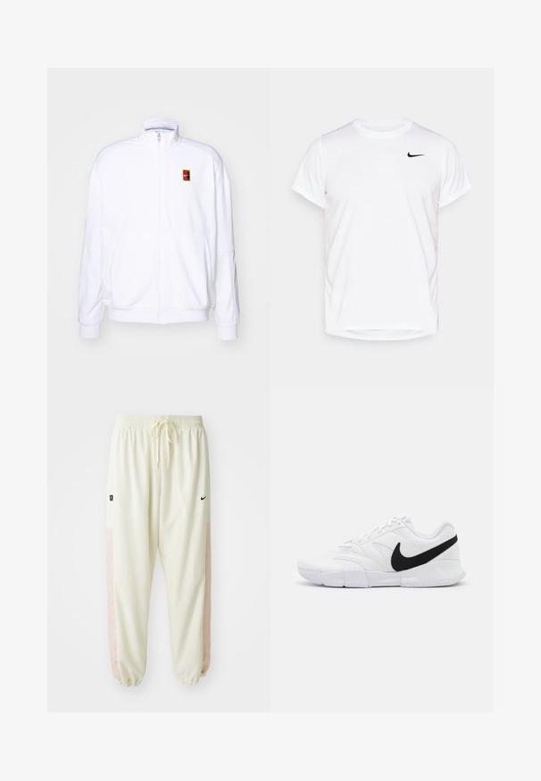 Sudadera blanca con cremallera hecha de una tela suave, con un cuello alto y un pequeño logotipo de Nike multicolor en el lado izquierdo del pecho.; Camiseta corta de manga blanca de Nike, hecha de material sintético suave, con un logo negro en el lado izquierdo del pecho.; Nike Performance ICON PANT - Pantalones deportivos - coconut milk/washed coral/black; Zapatillas deportivas blancas con parte superior texturizada, logo de Nike en negro, cuello acolchado y suela de goma sólida con dibujo en patrón.