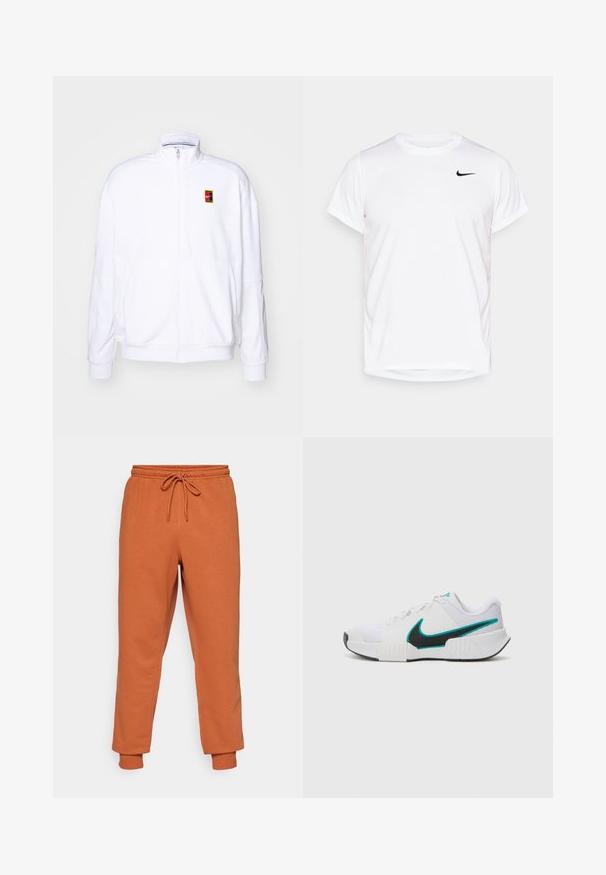 Vit zip-up sweatshirt gjord av mjukt tyg, med hög krage och en liten flerfärgad Nike-logga på vänster bröst.; Vit kortärmad Nike-t-shirt i slät syntetisk material, med en svart logotyp på vänster sida av bröstet.; Orange sweatpants med elastisk midja och justerbar dragsko. Manschetter vid anklarna. Tillverkade av mjukt tyg med en slät yta.; Vit idrottssko med texturerat mesh-övre, svart gummisula och turkosa Nike-logga som accent. Har snören och vadderad krage.