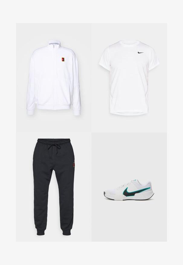 Bela zip-up dukserica iz mehkega materiala, s visokim ovratnikom in majhnim večbarvnim Nike logotipom na levem prsnem delu.; Bela kratka majica s kratkimi rokavi Nike, izdelana iz gladkega sintetičnega materiala, z črnim logotipom na levi strani prsnega koša.; Črne trenirke z elastičnim pasom in manšetami na gležnjih, vrvica v pasu in majhna rdeča in rumena oznaka na zgornjem stegnu.; Bela športna copata z teksturiranim mrežastim zgornjim delom, črnimi gumijastimi podplati in teal Nike simbolom kot poudarkom. Ima vezalke in oblazinjen ovratnik.