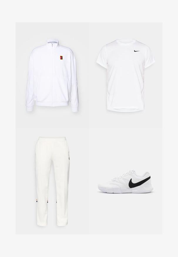 Vit zip-up sweatshirt gjord av mjukt tyg, med hög krage och en liten flerfärgad Nike-logga på vänster bröst.; Vit kortärmad Nike-t-shirt i slät syntetisk material, med en svart logotyp på vänster sida av bröstet.; Vita joggerbyxor i mjukt tyg, med sidofickor och färgade ränder vid ankeln i orange och blå accenter.; Vita idrottsskor med en texturerad ovandel, svart Nike-logotyp, vadderad krage samt en solid gummisula med mönstrad slitbana.