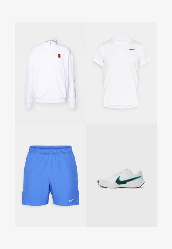 Valge tõmmatav kapuutsiga sviiter, mis on valmistatud pehmest kangast. Sellel on kõrge kaelus ja väike mitmevärviline Nike logo vasakul rinnal.; Valge lühikeste varrukatega Nike t-särk, mis on valmistatud siledast sünteetilisest materjalist, vasakul rinna poolel musta logoga.; Sinised sportlikud lühikesed püksid, mis on valmistatud kergest ja siledast materjalist. Elastne vöökoht, millel on väike valge Nike logo alumises vasakus nurgas.; Valge sportlik toss, millel on tekstureeritud võrkmaterjalist ülaosa, must kummist tald ja türkiissinine Nike'i logo aktsent. Eriomadusteks on paelad ja polsterdatud krae.