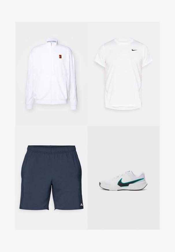 Sweatshirt branco com fecho zíper, feito de um tecido macio, com um gola alta e um pequeno logótipo multicolorido da Nike no lado esquerdo do peito.; T-shirt Nike de manga curta branca, feita de material sintético suave, com um logo preto no lado esquerdo do peito.; Calças de desporto azul marinho com cintura elástica, bolsos laterais e um pequeno logótipo branco no canto inferior esquerdo. Tecido suave e leve.; Tênis atlético branco com parte superior em malha texturizada, solado de borracha preta e detalhe em swoosh Nike teal. Apresenta cadarços e colarinho acolchoado.