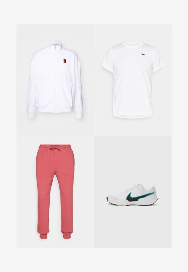 Bela zip-up dukserica iz mehkega materiala, s visokim ovratnikom in majhnim večbarvnim Nike logotipom na levem prsnem delu.; Bela kratka majica s kratkimi rokavi Nike, izdelana iz gladkega sintetičnega materiala, z črnim logotipom na levi strani prsnega koša.; Svetlo roza trenirke s elastičnim pasom in vrvico, z ožjimi hlačnicami in rebrastimi manšetami na gležnjih.; Bela športna copata z teksturiranim mrežastim zgornjim delom, črnimi gumijastimi podplati in teal Nike simbolom kot poudarkom. Ima vezalke in oblazinjen ovratnik.
