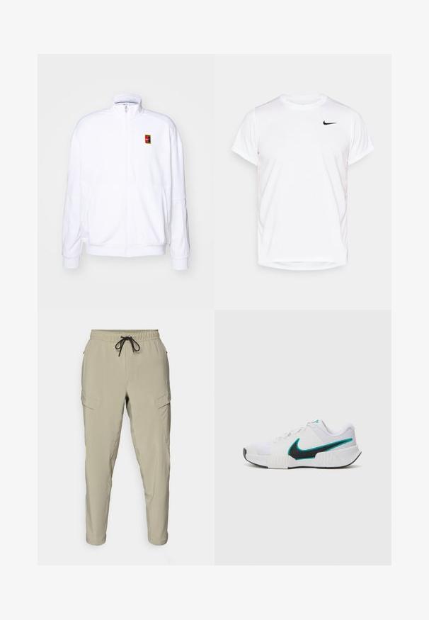 Biała bluza rozpinana wykonana z miękkiego materiału, z wysokim kołnierzem i małym, wielokolorowym logo Nike po lewej stronie klatki piersiowej.; Biała koszulka Nike z krótkim rękawem, wykonana z gładkiego materiału syntetycznego, z czarnym logo po lewej stronie klatki piersiowej.; Beżowe spodnie cargo z elastycznym pasem i sznurkiem, zwężanymi nogawkami oraz bocznymi kieszeniami. Wykonane z lekkiego materiału.; Białe buty sportowe z teksturowaną siateczką, czarną gumową podeszwą i akcentem w kolorze turkusowym w kształcie logo Nike. Posiadają sznurowadła i wyściełany kołnierz.