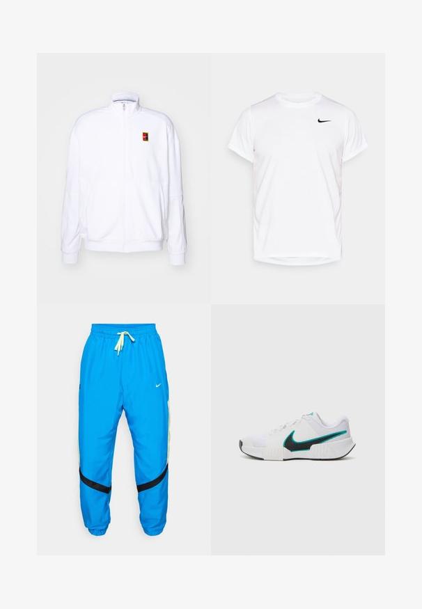 Sweatshirt branco com fecho zíper, feito de um tecido macio, com um gola alta e um pequeno logótipo multicolorido da Nike no lado esquerdo do peito.; T-shirt Nike de manga curta branca, feita de material sintético suave, com um logo preto no lado esquerdo do peito.; Calças desportivas azuis feitas de um tecido leve. Apresentam uma cintura ajustável com cordão amarelo, detalhes em preto e painéis de malha laterais.; Tênis atlético branco com parte superior em malha texturizada, solado de borracha preta e detalhe em swoosh Nike teal. Apresenta cadarços e colarinho acolchoado.