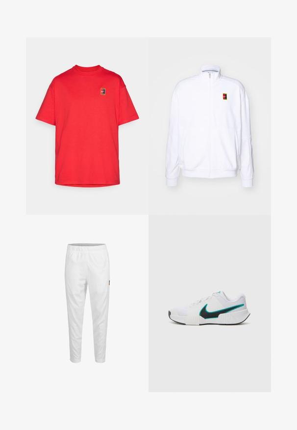 Felpa bianca con zip realizzata in tessuto morbido, con colletto alto e un piccolo logo Nike multicolore sul lato sinistro del petto.; T-shirt in cotone rosso con scollatura rotonda, maniche corte e un piccolo logo ricamato con un design multicolore sul lato sinistro del petto.; Pantaloni da ginnastica bianchi con vita elasticizzata, gambe affusolate e un piccolo dettaglio con logo di lato. Tessuto liscio e leggero.; Scarpa da ginnastica bianca con tomaia in rete testurizzata, suola in gomma nera e accento teal del logo Nike. Presenta lacci e colletto imbottito.