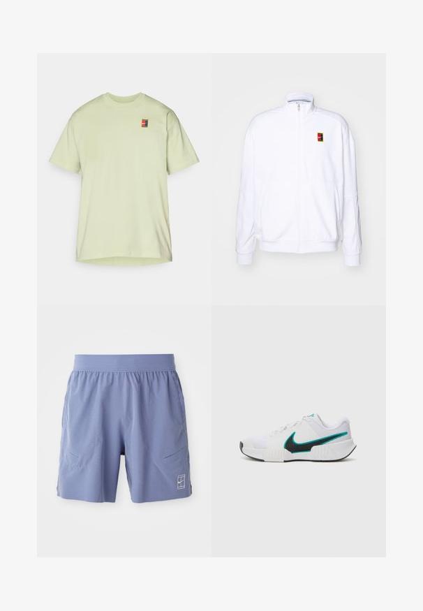 Bijela dukserica na zip, napravljena od mekog materijala, sa visokim ovratnikom i malim višebojnim Nike logom na lijevoj strani grudi.; Svijetlozeleni pamučni T-shirt sa kratkim rukavima, okruglom izrezom i malim višebojnim logom na lijevoj strani grudi.; Svijetloplave atletske kratke hlače s elastičnom strukom, dva bočna džepa i mali bijeli logo na donjoj prednjoj desnoj strani. Glatka tekstura.; Bijela atletska cipela s teksturiranim mrežastim gornjim dijelom, crnim gumiranim potplatom i akcentom u boji tirkizne na Nike swoosh oznaci. Ima vezice i podstavljeni ovratnik.