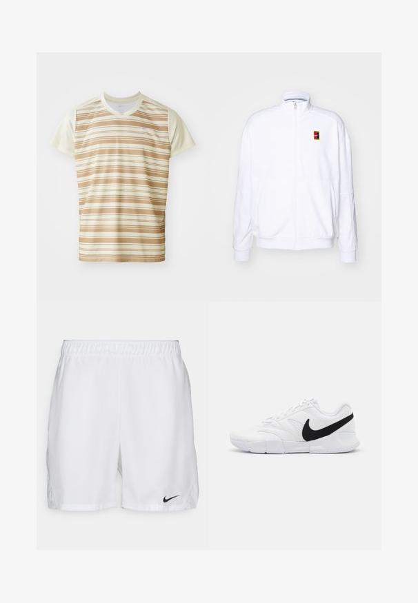 Sweatshirt branco com fecho zíper, feito de um tecido macio, com um gola alta e um pequeno logótipo multicolorido da Nike no lado esquerdo do peito.; T-shirt Nike em tom de bronze e creme, com mangas curtas, riscas horizontais, decote redondo e um logo minimalista no peito. Tecido suave.; Calções atléticos brancos com um cós elástico, apresentando o logótipo da Nike em preto no canto inferior esquerdo. Tecido suave sem padrões.; Sapatilhas brancas com um upper texturizado, logo Nike em preto, colarinho almofadado e uma sola de borracha sólida com um padrão de textura.