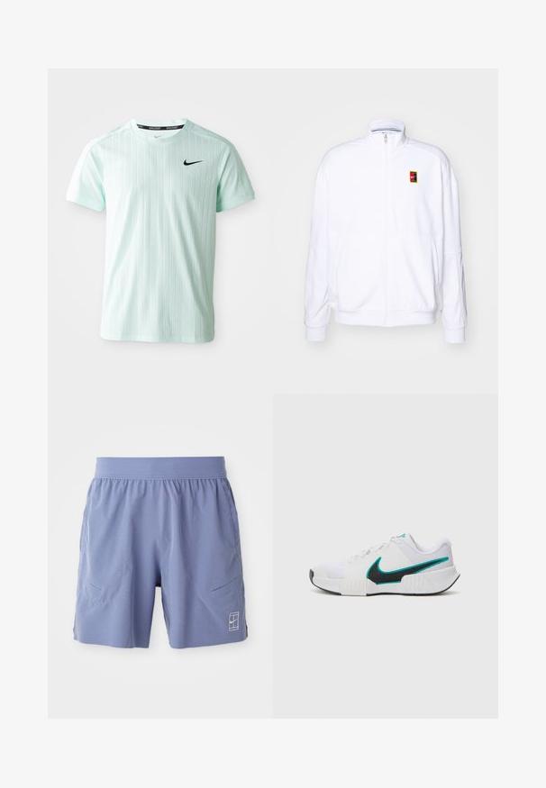 Bílá mikina na zip vyrobená z měkké tkaniny, s vysokým límcem a malým barevným logem Nike na levé hrudi.; Tyrkysové sportovní tričko vyrobené z lehkého materiálu, s vertikálními pruhy, krátkými rukávy a černým logem Nike na hrudi.; Světle modré sportovní šortky s elastickým pasem, dvěma bočními kapsami a malým bílým logem na spodním pravém předním díle. Hladká textura.; Bílé sportovní tenisové boty s texturovaným síťovým vrškem, černou gumovou podrážkou a akcentem v barvě tyrkysové na logu Nike. Obsahují šněrování a polstrovaný límec.