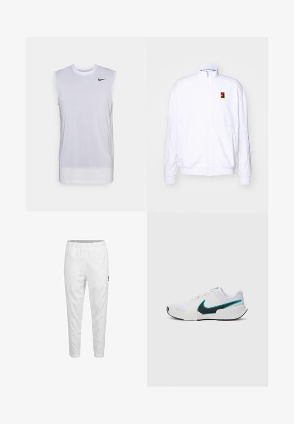 Baltas zip-up džemperis, pagamintas iš minkštos medžiagos, su aukštu kaklu ir mažuoju daugiaspalviu Nike logo kairiajame krūtinės šone.; Balta be rankovių sportinė marškinėlė, pagaminta iš lengvos medžiagos. Turi apvalų kaklą ir mažą juodą "Nike" logotipą viršutiniame kairiajame kampe.; Baltos sportinės kelnės su elastinga juosta, siaurėjantys džinsai ir mažas logotipo detalė šone. Lygus ir lengvas audinys.; Balti sportiniai batai su tekstūruotu tinkliniu paviršiumi, juodu guminėmis padais ir mėlyna Nike ženklu. Yra raiščiai ir paminkštinta apykaklė.
