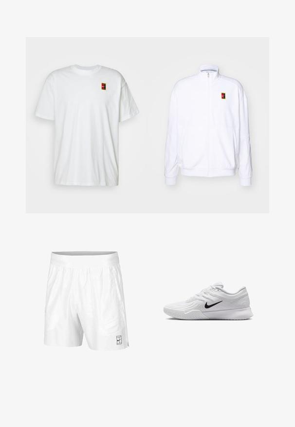 Felpa bianca con zip realizzata in tessuto morbido, con colletto alto e un piccolo logo Nike multicolore sul lato sinistro del petto.; T-shirt bianco in cotone con collo rotondo e maniche corte. Presenta un piccolo design di logo colorato nella parte superiore sinistra del petto.; Pantaloni sportivi bianchi realizzati in tessuto leggero con vita elastica, dotati di due tasche laterali e un piccolo logo nero sull'orlo.; Scarpa da ginnastica bianca con tomaia in mesh testurizzato, logo Nike nero, collo imbottito e suola in gomma con un motivo di battistrada.