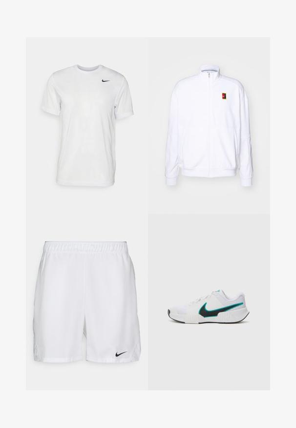 Baltas zip-up džemperis, pagamintas iš minkštos medžiagos, su aukštu kaklu ir mažuoju daugiaspalviu Nike logo kairiajame krūtinės šone.; Balta trumpa rankovėmis marškinėliai, pagaminti iš lygaus audinio. Turi apvalų kaklą ir mažą juodą Nike logotipą kairėje krūtinės pusėje.; Baltieji sportiniai šortai su elastinga juosta, ant kairiojo apatinio šono yra juodas Nike swoosh logotipas. Lygus audinys be raštų.; Balti sportiniai batai su tekstūruotu tinkliniu paviršiumi, juodu guminėmis padais ir mėlyna Nike ženklu. Yra raiščiai ir paminkštinta apykaklė.