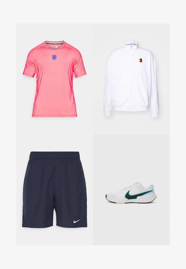 Fehér zipzáras kapucnis pulóver, puha anyagból készült, magas nyakkal és egy kis, színes Nike logóval a bal mellrészen.; Rózsaszín, rövid ujjú póló, sima, könnyű anyagból készült. Kerek nyakkivágással és kék emblémával a mellrészen.; Sötétkék sportnadrág, könnyű anyagból készült, rugalmas derekkal és egy kicsi fehér Nike logóval a bal lábon.; Fehér sportcipő, texturált hálós felsőrésszel, fekete gumi talppal és türkiz Nike pipa akcentussal. Fűzős, párnázott bokarésszel rendelkezik.