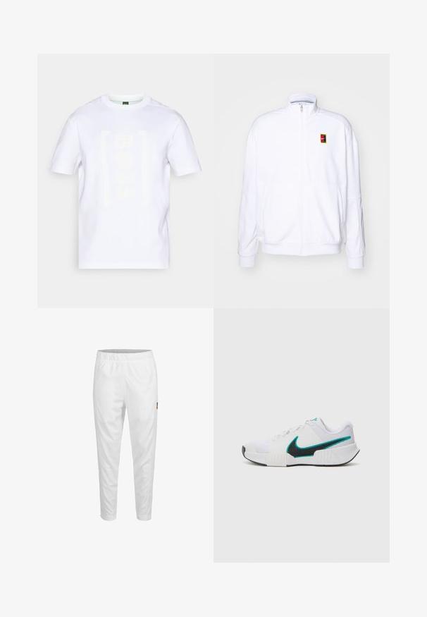 Hvit zip-up hettegenser laget av mykt stoff, med høy hals og en liten multicolor Nike-logo på venstre bryst.; Hvit bomulls t-skjorte med en tonal "BOSS"-logo i myk beige, rund hals, korte ermer og en avslappet passform. Ingen bemerkelsesverdige mønstre eller detaljer.; Hvite treningsbukser med elastisk liv, innsnevrede ben og en liten logodetalj på siden. Glatt og lett stoff.; Hvit atletisk sko med teksturert mesh-overdel, svart gummisåle og teal Nike swoosh-detalj. Har snøring og polstret krage.