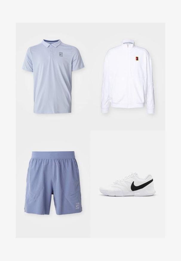 Valge tõmmatav kapuutsiga sviiter, mis on valmistatud pehmest kangast. Sellel on kõrge kaelus ja väike mitmevärviline Nike logo vasakul rinnal.; Heledsinine polo särk, millel on krae, lühikesed varrukad ja õrn tekstuuriline muster. Ülemisel vasakul küljel on väike tume logo.; Heledadsinise värvi spordilühikesed püksid, millel on elastne vöökoht, kaks külgtaskut ja väike valge logo alumisel paremal ees. Siledat tekstuuri.; Valged sportlikud kingad, millel on tekstuuriga ülemine osa, must Nike'i logo, pehme krae ja kindel kummist välistald, millel on mustritega profiil.