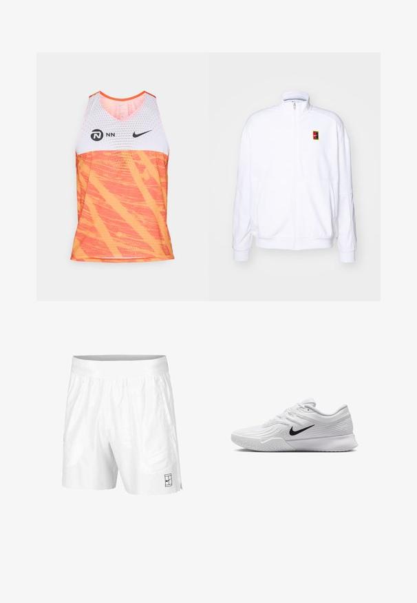 White zip-up sweatshirt made of soft fabric, featuring a high neck and a small multicolored Nike logo on the left chest.; Nike athletic tank top featuring a white mesh upper section and vibrant orange lower section with a textured, abstract pattern.; White athletic shorts made of lightweight fabric with an elastic waistband, featuring two side pockets and a small black logo on the hem.; White athletic shoe with textured mesh upper, black Nike swoosh, padded collar, and rubber outsole with a tread pattern.