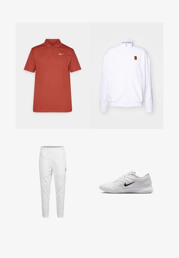 Witte ritsvest gemaakt van zachte stof, met een hoge kraag en een klein meerkleurig Nike-logo op de linkerborst.; Rode polo shirt gemaakt van gladde stof, met een klassieke kraag en drie knoppen, met een wit Nike-logo op de linkerkant van de borst.; Witte sportbroeken met een elastische tailleband, taps toelopende pijpen en een klein logo op de zijkant. Gladde en lichte stof.; Witte sportieve schoen met textuur in het mesh bovenwerk, zwarte Nike swoosh, gevoerde kraag en rubberen zool met een profielpatroon.
