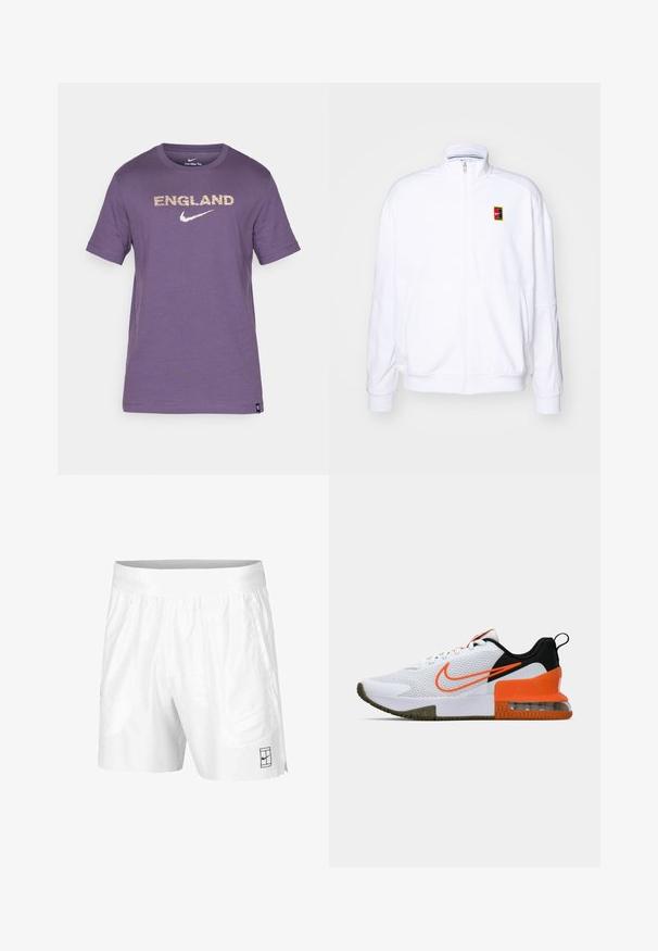 Sudadera blanca con cremallera hecha de una tela suave, con un cuello alto y un pequeño logotipo de Nike multicolor en el lado izquierdo del pecho.; Nike Performance ENGLAND ENT NIKE WORDMARK TEE - Equipación de selecciones - dark raisin; Pantalones cortos deportivos blancos hechos de una tela ligera con una cinturilla elástica, que cuentan con dos bolsillos laterales y un pequeño logo negro en el dobladillo.; Zapatilla deportiva blanca con parte superior de malla texturizada, acentos en negro y naranja, suela de goma gruesa y una sección de cojín de aire transparente en el talón.