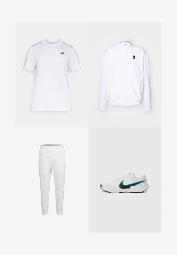 Biała bluza rozpinana wykonana z miękkiego materiału, z wysokim kołnierzem i małym, wielokolorowym logo Nike po lewej stronie klatki piersiowej.; Biała koszulka sportowa wykonana z lekkiego, oddychającego materiału. Posiada krótkie rękawy, okrągły dekolt oraz małe granatowe logo na piersi.; Białe sportowe spodnie z elastycznym pasem, zwężanymi nogawkami i małym logo z boku. Gładki i lekki materiał.; Białe buty sportowe z teksturowaną siateczką, czarną gumową podeszwą i akcentem w kolorze turkusowym w kształcie logo Nike. Posiadają sznurowadła i wyściełany kołnierz.