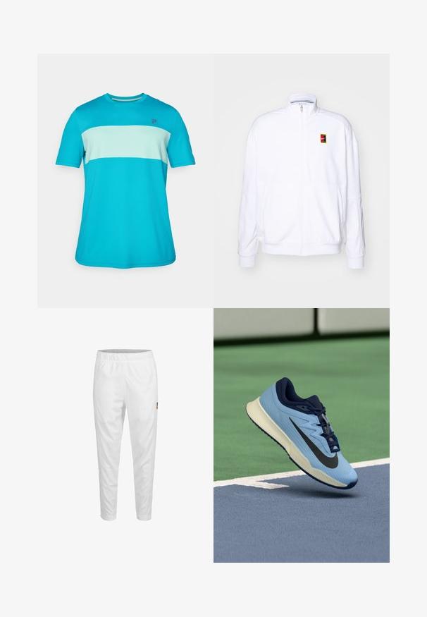 Hvit zip-up hettegenser laget av mykt stoff, med høy hals og en liten multicolor Nike-logo på venstre bryst.; Kortermet treningstrøye i lys turkis og lys blå; lett og pustende stoff med horisontalt stripemønster og logo.; Hvite treningsbukser med elastisk liv, innsnevrede ben og en liten logodetalj på siden. Glatt og lett stoff.; Lys blå idrettssko med marineblå detaljer, teksturert mesh-overdel og svart Swoosh-logo. Har en polstret midtsåle og gummisåle.