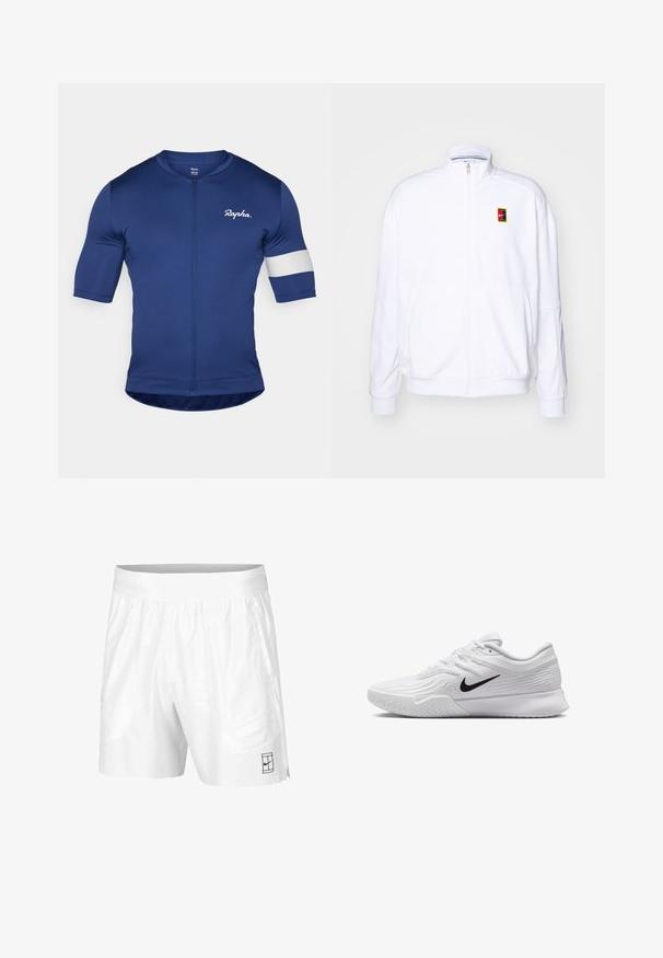 Sweatshirt branco com fecho zíper, feito de um tecido macio, com um gola alta e um pequeno logótipo multicolorido da Nike no lado esquerdo do peito.; Jersey de ciclismo azul-marinho com mangas curtas, fecho de correr completo e detalhe em faixa branca na manga esquerda. Feito de um tecido suave e elástico.; Calções atléticos brancos feitos de um tecido leve com um cós elástico, apresentando dois bolsos laterais e um pequeno logotipo preto na bainha.; Sapatilha atlética branca com parte superior em malha texturizada, swoosh preto da Nike, colarinho almofadado e sola de borracha com um padrão de ranhura.