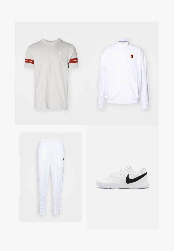 Sudadera blanca con cremallera hecha de una tela suave, con un cuello alto y un pequeño logotipo de Nike multicolor en el lado izquierdo del pecho.; Camiseta de algodón gris claro con mangas cortas, que presenta dos franjas rojas en cada manga y un pequeño logo en el pecho.; Pantalones deportivos blancos con cintura elástica, que cuentan con bolsillos laterales y detalles de costura sutiles a lo largo de las piernas.; Zapatillas deportivas blancas con parte superior texturizada, logo de Nike en negro, cuello acolchado y suela de goma sólida con dibujo en patrón.