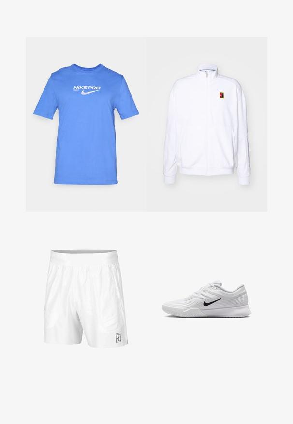 Sweatshirt branco com fecho zíper, feito de um tecido macio, com um gola alta e um pequeno logótipo multicolorido da Nike no lado esquerdo do peito.; T-shirt azul de algodão com gola redonda, mangas curtas e logo "NIKE PRO" branco com gráfico de swoosh na frente.; Calções atléticos brancos feitos de um tecido leve com um cós elástico, apresentando dois bolsos laterais e um pequeno logotipo preto na bainha.; Sapatilha atlética branca com parte superior em malha texturizada, swoosh preto da Nike, colarinho almofadado e sola de borracha com um padrão de ranhura.