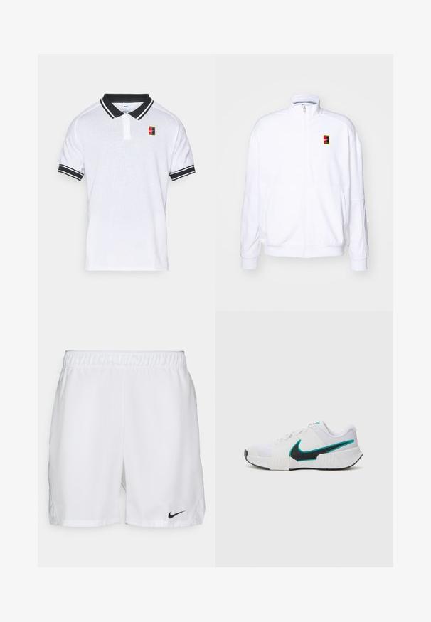 Biała bluza rozpinana wykonana z miękkiego materiału, z wysokim kołnierzem i małym, wielokolorowym logo Nike po lewej stronie klatki piersiowej.; Biała koszulka polo Nike z czarnym kołnierzykiem i paskami na rękawach, z małą, wielokolorową naszywką logo Nike na lewej piersi.; Białe sportowe spodenki z elastycznym paskiem, z czarnym logo Nike na dolnej lewej stronie. Gładki materiał bez wzorów.; Białe buty sportowe z teksturowaną siateczką, czarną gumową podeszwą i akcentem w kolorze turkusowym w kształcie logo Nike. Posiadają sznurowadła i wyściełany kołnierz.