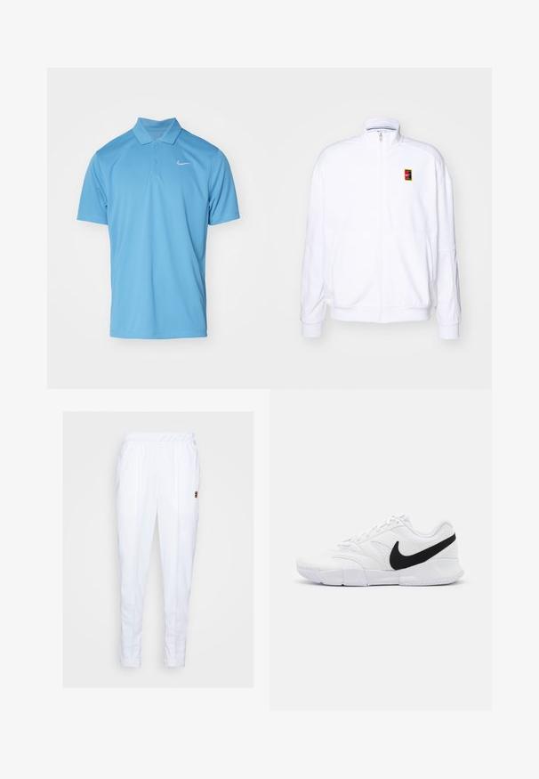 Sudadera blanca con cremallera hecha de una tela suave, con un cuello alto y un pequeño logotipo de Nike multicolor en el lado izquierdo del pecho.; Nike Performance NIKECOURT SOLID - Polo - blue beyond/white; Pantalones deportivos blancos con cintura elástica, que cuentan con bolsillos laterales y detalles de costura sutiles a lo largo de las piernas.; Zapatillas deportivas blancas con parte superior texturizada, logo de Nike en negro, cuello acolchado y suela de goma sólida con dibujo en patrón.