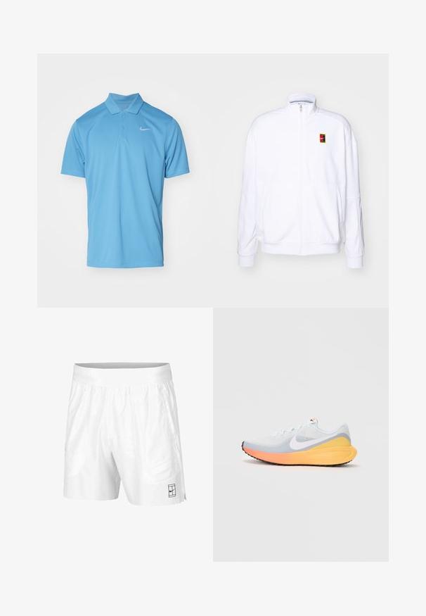 Biela zipová mikina vyrobená z mäkkého materiálu, s vysokým golierom a malým viacfarebným logom Nike na ľavej hrudi.; Nike Performance NIKECOURT SOLID - Polokošeľa - blue beyond/white; Biele športové šortky z ľahkej tkaniny s elastickým pásom, obsahujúce dve bočné vrecká a malé čierne logo na leme.; Svetlomodrá bežecká obuv s priedušným sieťovinovým zvrškom. Má biely znak, oranžovú a žltú medzipodrážku a čiernu podrážku pre trakciu.