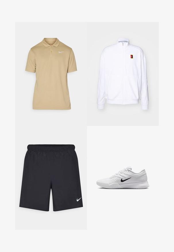 Hvit zip-up hettegenser laget av mykt stoff, med høy hals og en liten multicolor Nike-logo på venstre bryst.; Beige polo-skjorte laget av glatt stoff, med klassisk krage, korte ermer og en hvit Nike-logo på venstre brystområde.; Svart sportskjørt laget av lett materiale med elastisk linning. Har en liten hvit Nike-logo nederst til venstre.; Hvit atletisk sko med teksturert mesh-overdel, svart Nike-svush, polstret krage og gummisåle med mønster.