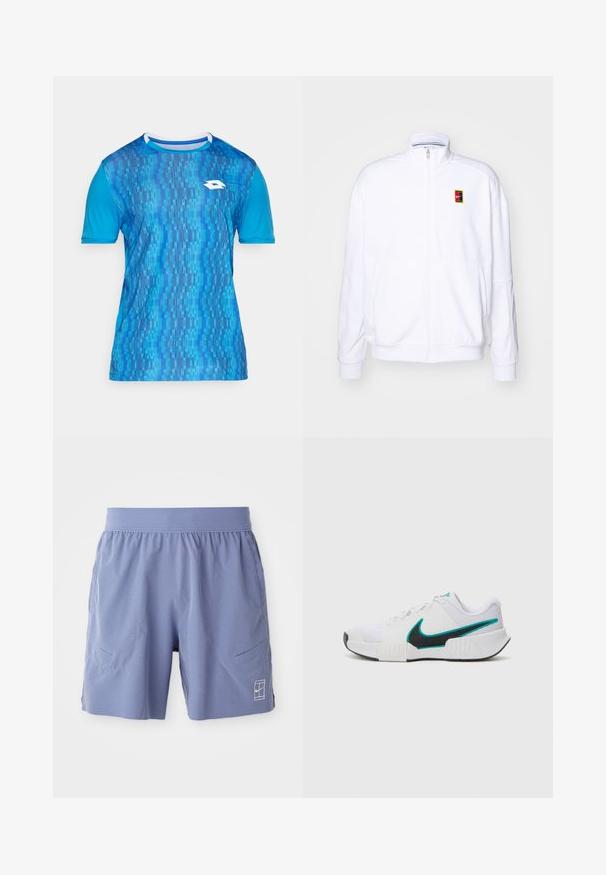 Sudadera blanca con cremallera hecha de una tela suave, con un cuello alto y un pequeño logotipo de Nike multicolor en el lado izquierdo del pecho.; Camiseta atlética azul de manga corta, con un patrón degradado de rayas verticales y un logo blanco en la parte frontal. Material sintético.; Bermudas deportivas de color azul claro con cintura elástica, dos bolsillos laterales y un pequeño logotipo blanco en la parte inferior delantera derecha. Textura suave.; Zapatilla deportiva blanca con parte superior de malla texturizada, suela de goma negra y acento del swoosh de Nike en color teal. Cuenta con cordones y un collar acolchado.