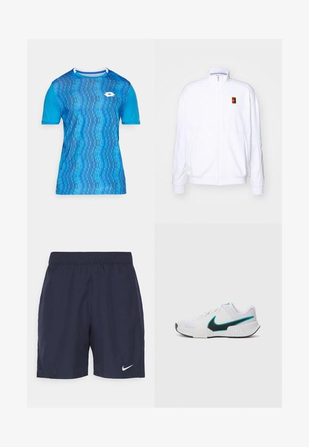 Valkoinen vetoketjullinen huppari, joka on valmistettu pehmeästä kankaasta ja siinä on korkea kaulus sekä pieni monivärinen Nike-logo vasemmassa rinnassa.; Sininen urheilu T-paita lyhyillä hihoilla, jossa on pystysuorien raitojen gradienttikuosi ja valkoinen logo edessä. Synteettinen materiaali.; Merelliset siniset urheilushortsit, jotka on valmistettu kevyestä kankaasta. Niissä on joustava vyötärö ja pieni valkoinen Nike-logo vasemmassa lahkeessa.; Valkoinen urheilukenkä, jossa on teksturoidusta verkkokankaasta valmistettu päällinen, musta kumipohja ja teal-värinen Nike-swoosh-korostus. Varustettu nauhoilla ja pehmustetulla nilkkapannalla.