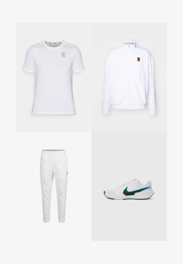 Sudadera blanca con cremallera hecha de una tela suave, con un cuello alto y un pequeño logotipo de Nike multicolor en el lado izquierdo del pecho.; Camiseta atlética blanca de manga corta con una tela texturizada, que presenta un pequeño logo negro de Nike y una etiqueta "NIKECOURT" en el cuello.; Pantalones atléticos blancos con cintura elástica, piernas ajustadas y un pequeño detalle de logo en el costado. Tejido suave y ligero.; Zapatilla deportiva blanca con parte superior de malla texturizada, suela de goma negra y acento del swoosh de Nike en color teal. Cuenta con cordones y un collar acolchado.