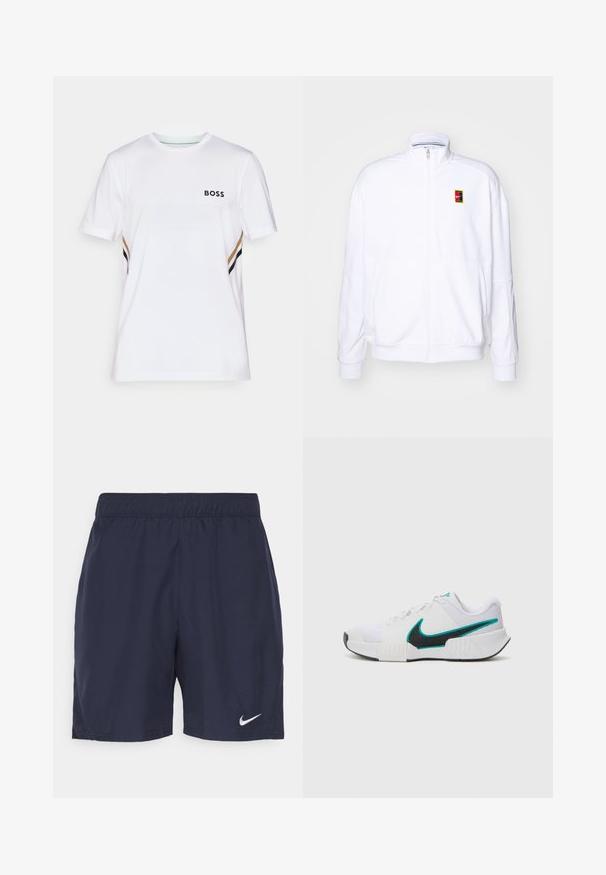 Bela zip-up dukserica iz mehkega materiala, s visokim ovratnikom in majhnim večbarvnim Nike logotipom na levem prsnem delu.; Bela atletska majica s teksturiranim materialom. Ima crni "BOSS" logo i bočne pruge u crnoj, zlatnoj i beloj boji. Dizajn s okruglim izrezom.; Morske športne kratke hlače iz lahkega materiala, s elastičnim pasom in majhnim belim Nike logotipom na levi nogi.; Bela športna copata z teksturiranim mrežastim zgornjim delom, črnimi gumijastimi podplati in teal Nike simbolom kot poudarkom. Ima vezalke in oblazinjen ovratnik.