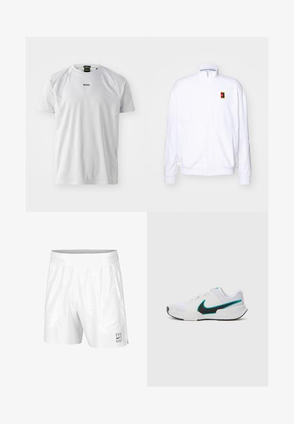 Bela zip-up dukserica iz mehkega materiala, s visokim ovratnikom in majhnim večbarvnim Nike logotipom na levem prsnem delu.; Bela kratka majica s kratkimi rokavi iz gladkega blaga, z okroglim ovratnikom in majhnim črnim logotipom "BOSS" na prsih.; Bele športne kratke hlače iz lahkotnega materiala z elastičnim pasom, ki imajo dva stranska žepa in majhen črn logotip na robu.; Bela športna copata z teksturiranim mrežastim zgornjim delom, črnimi gumijastimi podplati in teal Nike simbolom kot poudarkom. Ima vezalke in oblazinjen ovratnik.