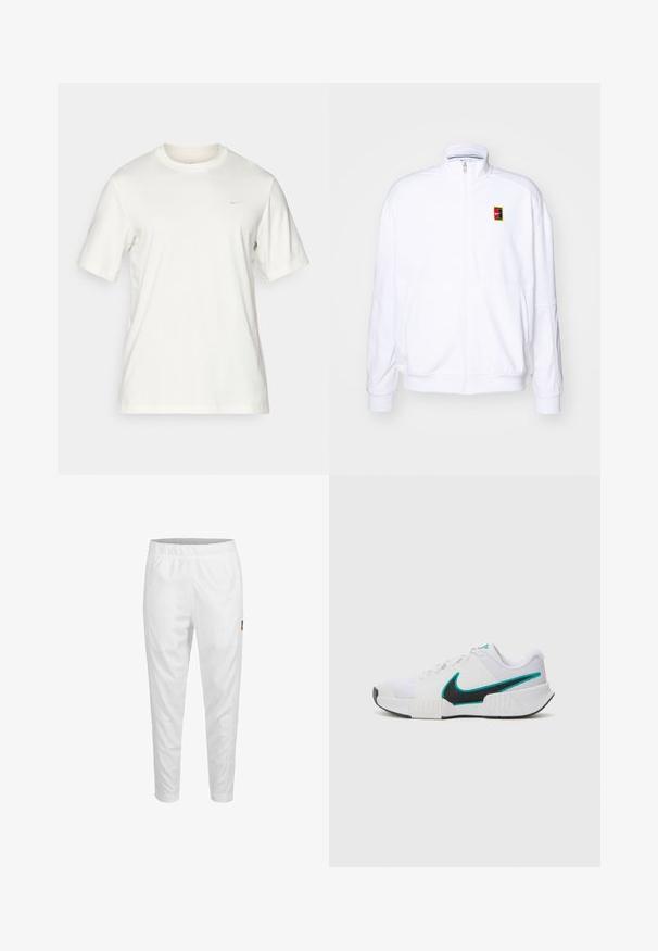 Hvid zip-up sweatshirt lavet af blød stof, med høj krave og et lille flerfarvet Nike-logo på venstre bryst.; Hvid bomulds T-shirt med rund hals og korte ærmer, prydet med et lille logo på den øverste venstre bryst. Glat tekstur, enkel design.; Hvide sportsbukser med elastisk talje, tætsiddende ben og et lille logodetalje på siden. Glat og let stof.; Hvid sportsko med tekstureret mesh-overdel, sort gummisål og teal Nike swoosh-accent. Har snørebånd og polstret krave.