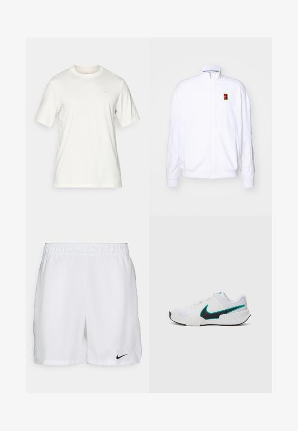 White zip-up sweatshirt made of soft fabric, featuring a high neck and a small multicolored Nike logo on the left chest.; White cotton crew-neck t-shirt with short sleeves, featuring a small logo on the upper left chest. Smooth texture, basic design.; White athletic shorts with an elastic waistband, featuring a black Nike swoosh logo on the lower left side. Smooth fabric with no patterns.; White athletic shoe with textured mesh upper, black rubber sole, and teal Nike swoosh accent. Features laces and padded collar.