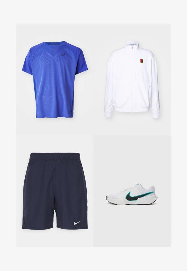 Sweatshirt branco com fecho zíper, feito de um tecido macio, com um gola alta e um pequeno logótipo multicolorido da Nike no lado esquerdo do peito.; ASICS MATCH - T-shirt desportiva - dark blue; Calções de desporto azul marinho feitos de um tecido leve, com um cós elástico e um pequeno logotipo branco da Nike na perna esquerda.; Tênis atlético branco com parte superior em malha texturizada, solado de borracha preta e detalhe em swoosh Nike teal. Apresenta cadarços e colarinho acolchoado.