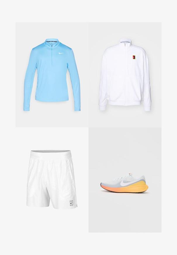 Hvid zip-up sweatshirt lavet af blød stof, med høj krave og et lille flerfarvet Nike-logo på venstre bryst.; Lyseblå langærmet sportsbluse med lynlås i kraven, lavet af blødt stof, med Nike-logoet i hvidt på venstre bryst.; Hvide atletiske shorts lavet af letvægtsstof med elastisk talje, der har to sidelommer og et lille sort logo på kanten.; Lys blå løbesko med en åndbar mesh-overdel. Har et hvidt swoosh, en orange og gul mellemsål samt en sort sål for traction.