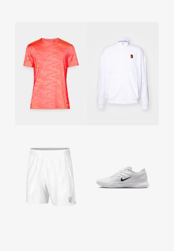 Vit zip-up sweatshirt gjord av mjukt tyg, med hög krage och en liten flerfärgad Nike-logga på vänster bröst.; Kortärmad t-shirt med kamouflage-mönster i livlig korall. Tillverkad av lätt tyg med en slät yta och rund halsringning.; Vita idrottsshorts tillverkade av lätt tyg med resårmidja, med två sidofickor och en liten svart logotyp på fållen.; Vit träningsskor med strukturerad mesh-överkonstruktion, svart Nike-swoosh, vadderad krage och gummiyttersula med mönster.