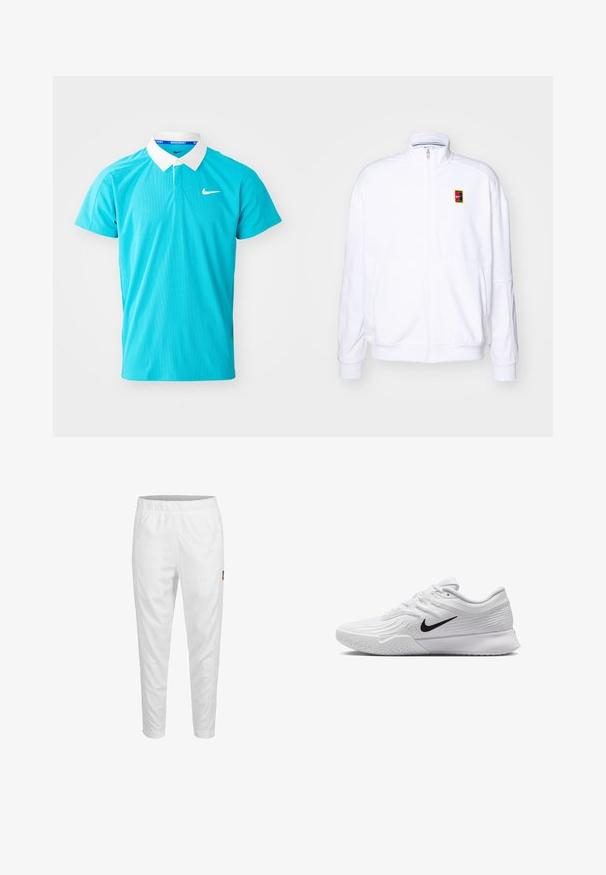 Sudadera blanca con cremallera hecha de una tela suave, con un cuello alto y un pequeño logotipo de Nike multicolor en el lado izquierdo del pecho.; Polo de color turquesa con cuello blanco, mangas cortas y un pequeño logo de Nike blanco en el lado izquierdo del pecho. Fabricado en tejido texturizado.; Pantalones atléticos blancos con cintura elástica, piernas ajustadas y un pequeño detalle de logo en el costado. Tejido suave y ligero.; Zapatilla deportiva blanca con parte superior de malla texturizada, swoosh negro de Nike, cuello acolchado y suela de goma con un patrón de taco.