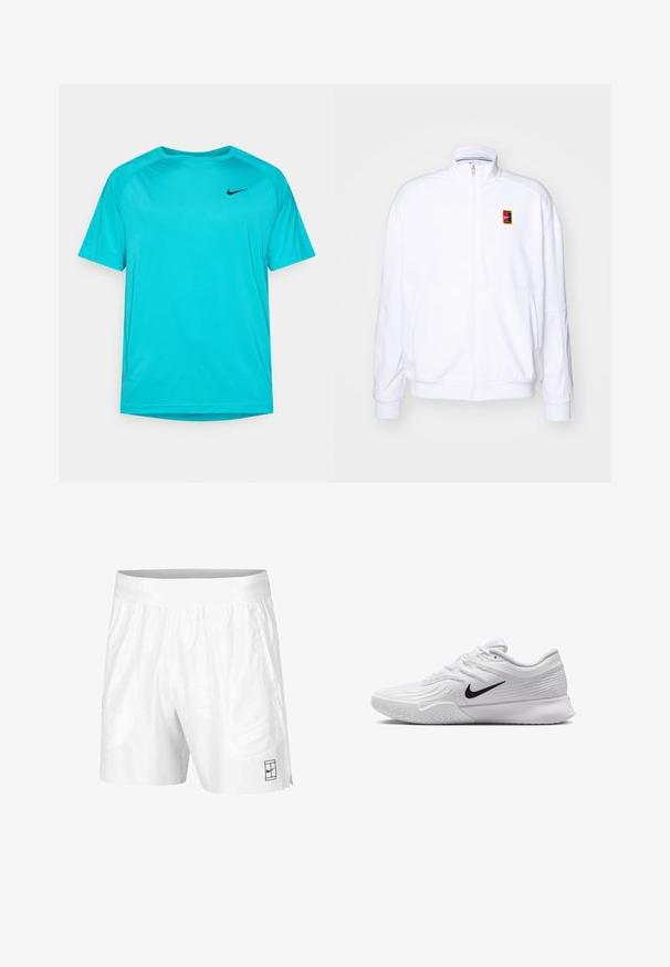 Bílá mikina na zip vyrobená z měkké tkaniny, s vysokým límcem a malým barevným logem Nike na levé hrudi.; Tyrkysové sportovní tričko s krátkým rukávem vyrobené z lehkého materiálu, s kulatým výstřihem a černým logem Nike na levé hrudi.; Bílé sportovní šortky vyrobené z lehkého materiálu s elastickým pasem, mají dvě boční kapsy a malé černé logo na lemu.; Bílá sportovní obuv s texturovaným síťovaným svrchním materiálem, černým logem Nike, polstrovaným límcem a gumovou podrážkou s vzorkem na běhání.
